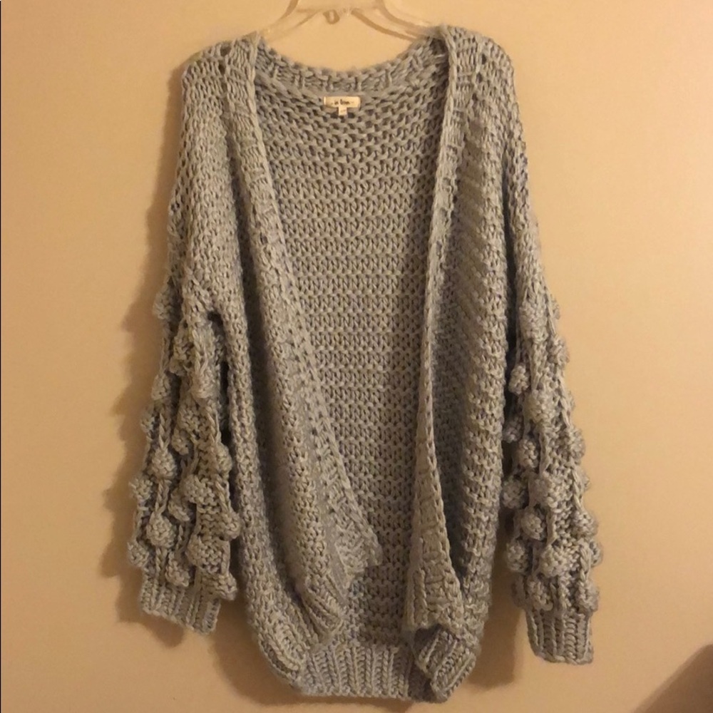 Gray Pom-Pom Sleeved Cardigan